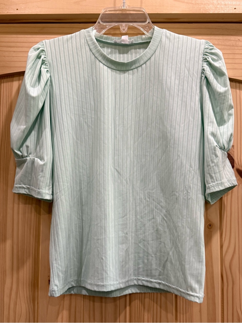 Anniewear Mint Green Puff Sleeve Ribbed Crewneck Top